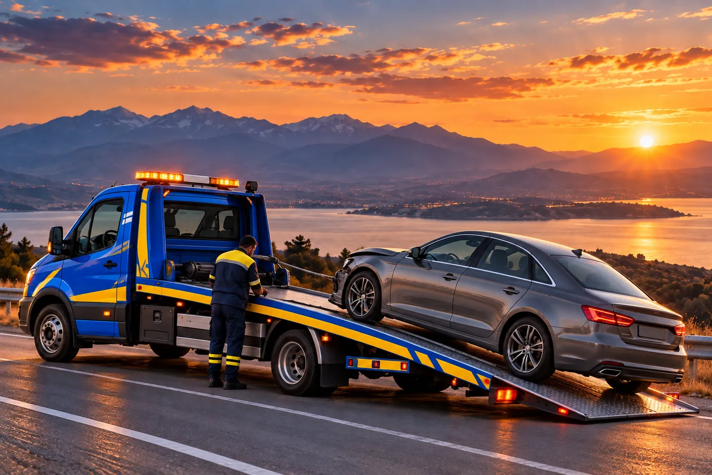 Aracı oto kurtarma platformuna yükleyen çekici