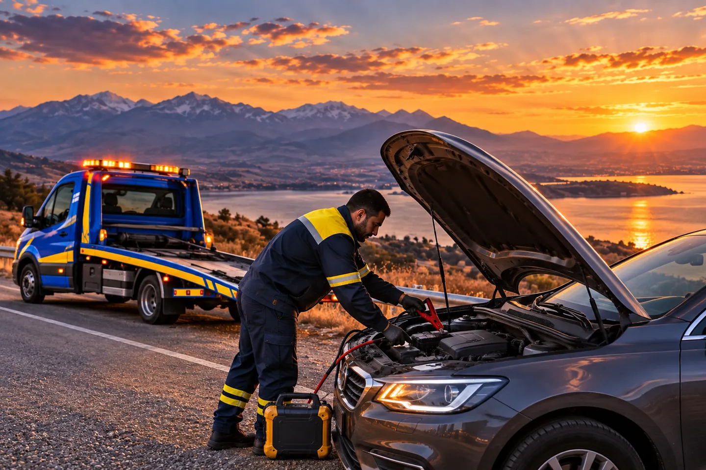 Akü takviyesi yapan yol yardım görevlisi