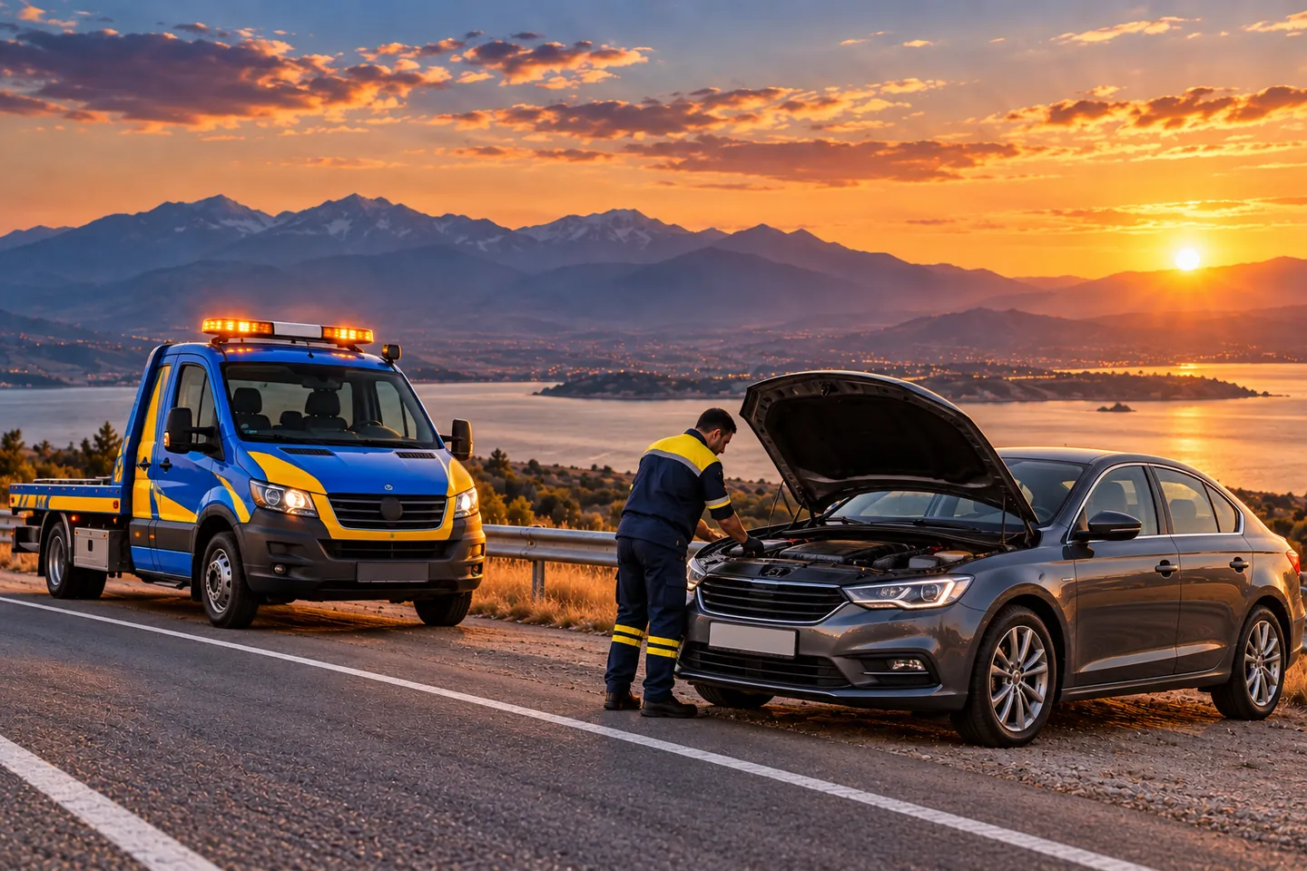 Yol kenarında araca arıza yardımı veren görevli